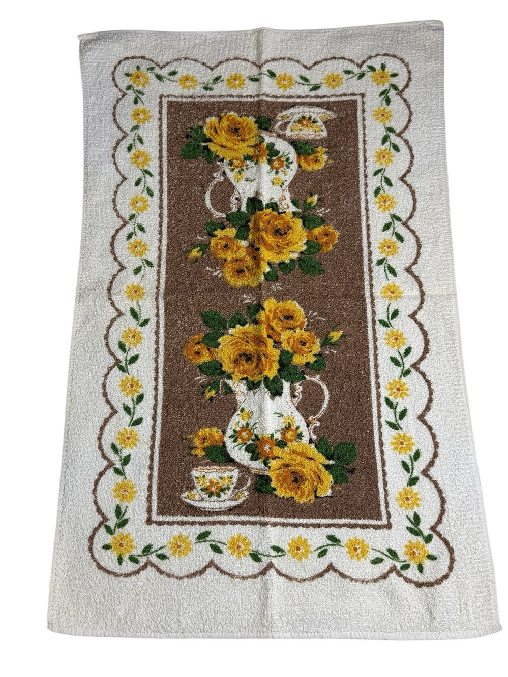 Vintage Sayco Hand Towel Yellow Brown Flowers Print Kitchen Towel Dainty Feminin